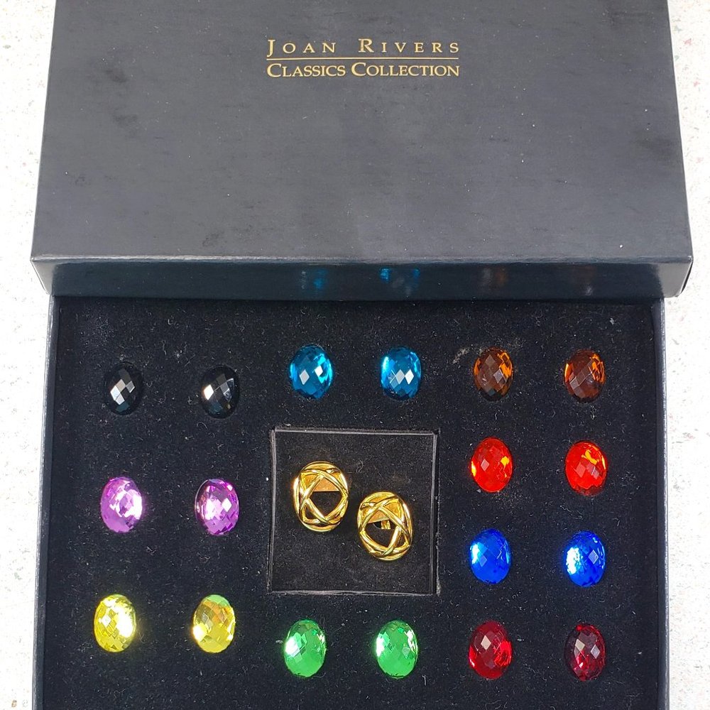 Vintage Signed Joan Rivers Set of 9 Interchangeable Cabochon Clip On Earrings